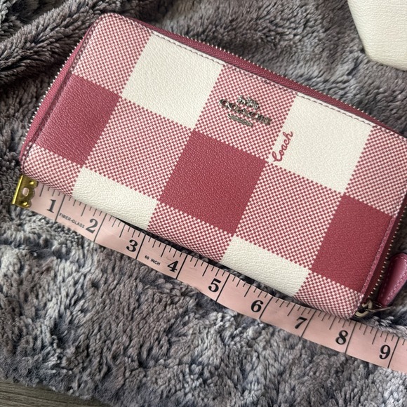 COACH Buffalo Plaid Red Pink Tote Bag Leather Trim & Full Size Wallet Wallet - Picture 6 of 16